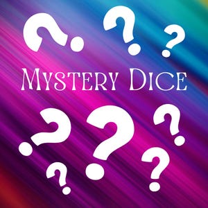 May include: A colorful background with the text "MYSTERY DICE" in white letters. There are multiple white question marks scattered across the image.