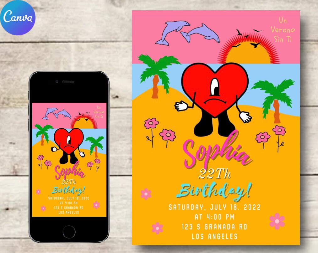 Bad Bunny Birthday Invitation Un Verano Sin Ti Invitation Etsy