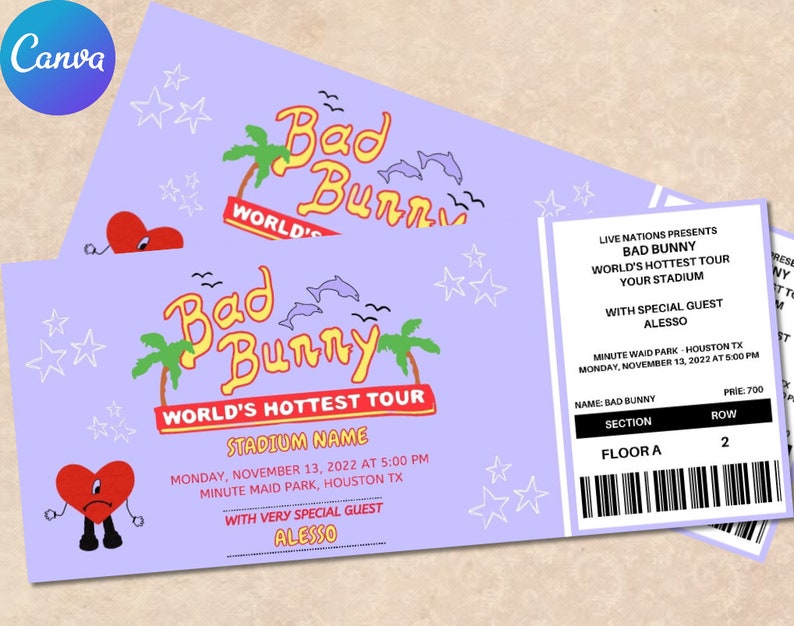 Bad Bunny Concert Ticket Invitation World's Hottest Tour Etsy