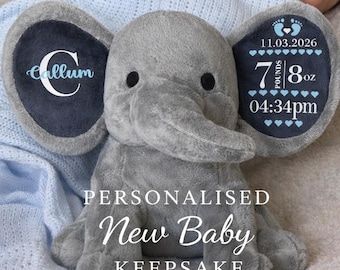 Personalised Elephant Baby Gift – Newborn Keepsake – New Baby Gift - Birth Stats Teddy – Baby Shower Gift