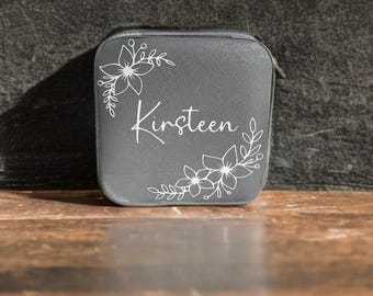 Personalised Jewellery Box | Custom Jewellery Box with Name and Flower Border | Travel Case