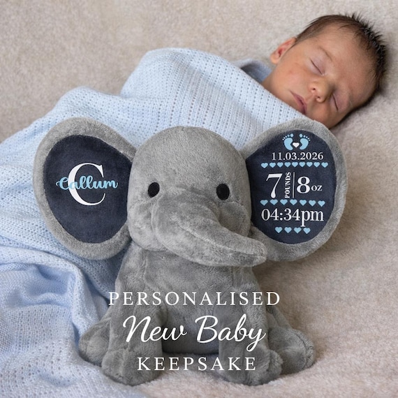 Personalised Elephant Baby Gift – Newborn Keepsake – New Baby Gift - Birth Stats Teddy – Baby Shower Gift