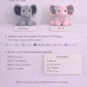 May include: An instructional order form featuring two plush elephant toys, one grey and one pink with a blue bow. The text includes How To Order, options for elephant and writing colors, and fields for baby name, birthdate, time, and weight in lbs and oz.