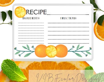 Könnte beinhalten: Weiße Rezeptkarte mit Orangen- und Blätterillustrationen. Die Karte hat Abschnitte für Zutaten und Anweisungen, mit dem Wort "RECIPE" oben. Die Karte ist mit Orangenscheiben und ganzen Orangen verziert.