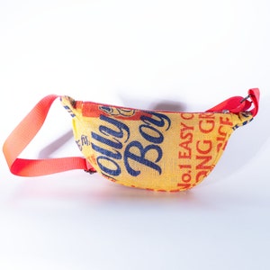 Upcycled RICE SLING BAG. Handmade from reclaimed hessian, burlap, jute. 100% recycled materials