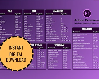 Adobe Premiere Pro Keyboard Shortcuts for Windows (Purple) | Instant Digital Download