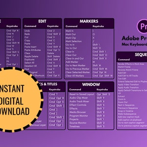 Adobe Premiere Pro Keyboard Shortcuts for Mac (Purple) | Instant Digital Download