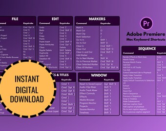 Adobe Premiere Pro Keyboard Shortcuts for Mac (Purple) | Instant Digital Download