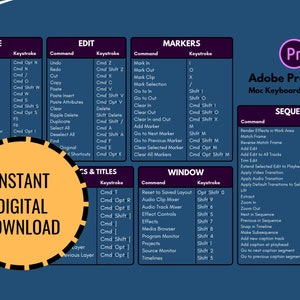 Adobe Premiere Pro Keyboard Shortcuts for Mac (Blue) | Instant Digital Download