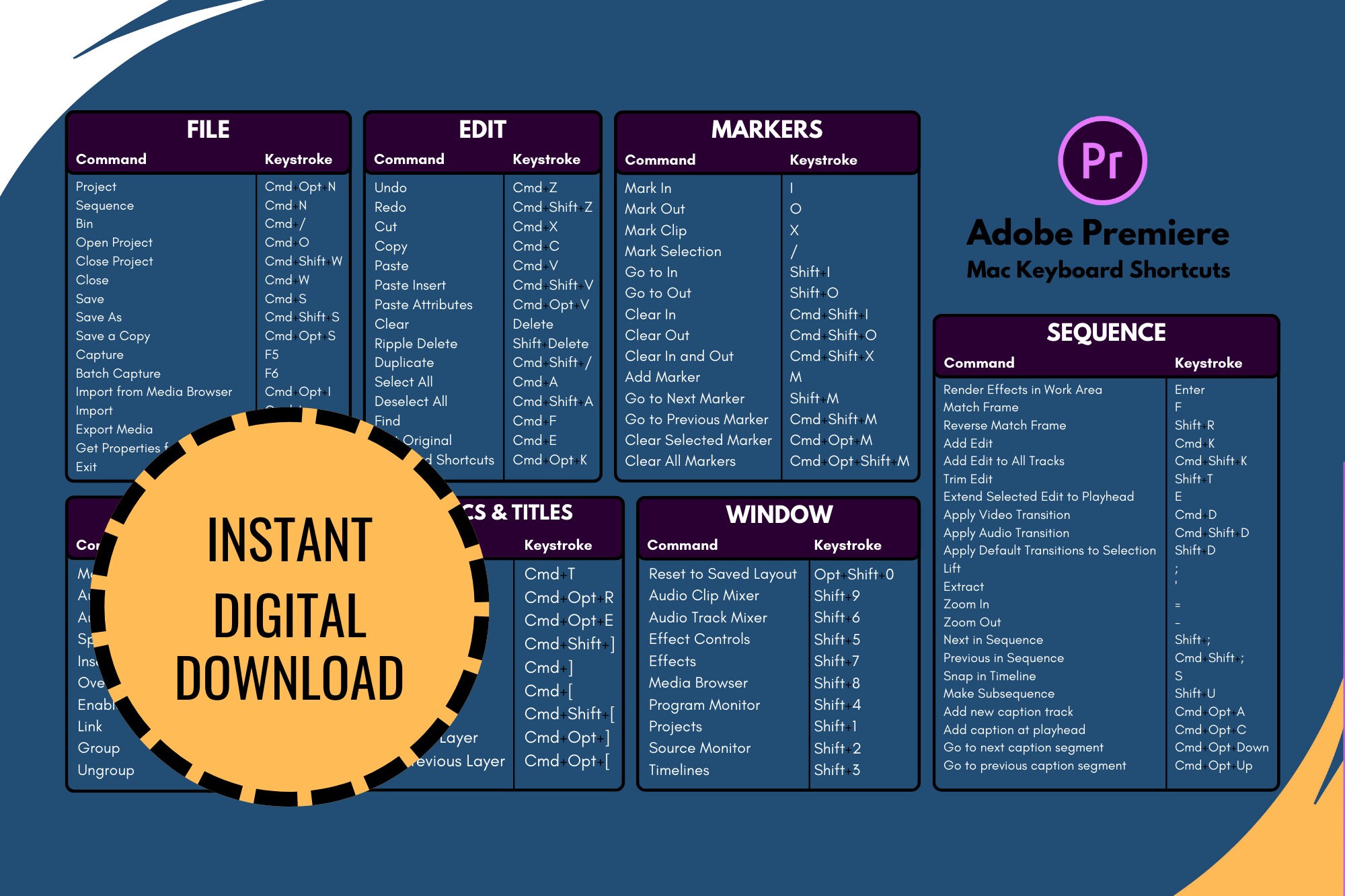 Adobe Premiere Pro Keyboard Shortcuts for Mac (blue) | Instant Digital ...