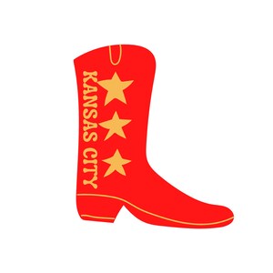 May include: Red cowboy boot with a yellow "KANSAS CITY" inscription and three yellow stars on the side.