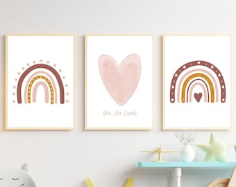 Decoração de parede de berçário BoHo / Berçário arco-íris BoHo / Arte de parede de berçário de meninas / Decoração de quarto de meninas / Conjunto de 3 artes de parede / Download digital
