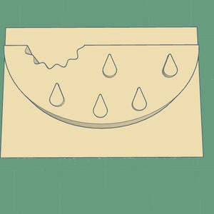 May include: A beige card with a watermelon design. The watermelon is cut in half and has a bite taken out of it. There are five black water drops on the watermelon.