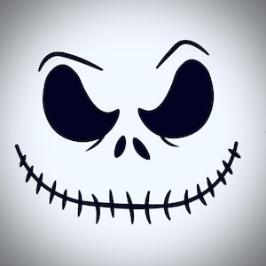 May include: Black and white illustration of a cartoon skull with a stitched mouth and a mischievous grin. The skull has large, dark eyes and a prominent nose.