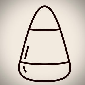 May include: A black and white line drawing of a candy corn. Candy corn is a traditional Halloween treat.
