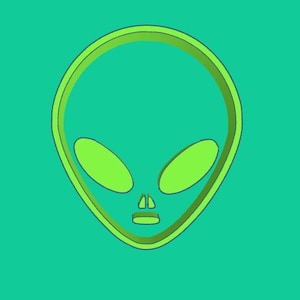 May include: A green alien face with large eyes and a small mouth, outlined in a darker green, against a turquoise background.