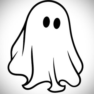 May include: A black and white cartoon ghost with two large eyes. The ghost is drawn in a simple, whimsical style.