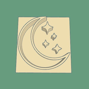 May include: A beige wooden cutout of a crescent moon with four stars. The moon and stars are outlined in a darker beige color.