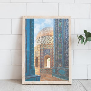 Blue Mosque Wall Art, Modern Islamic Wall Art, Islamic Blue and Gold Architecture, Minimal Islamic Wall Art, Muslim Art