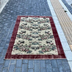 Red rug, 3.6x6.6 ft, Wool Rug, Vintage Rug, Beige Rug, Living Room Rug, Bedroom Rug, Area Rug, Boho Rug, Floor Rug, Floral Rug, Home Decor,