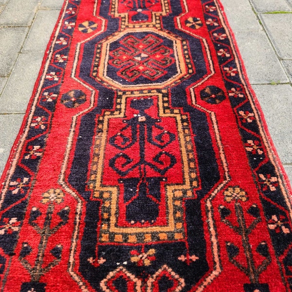 Vintage Turkish Red Wool Rug - Hand-Knitted Floral & Geometric Design - 2x3 Feet- Small Area Rug, Runner, and Mat, Perfect Housewarming Gift