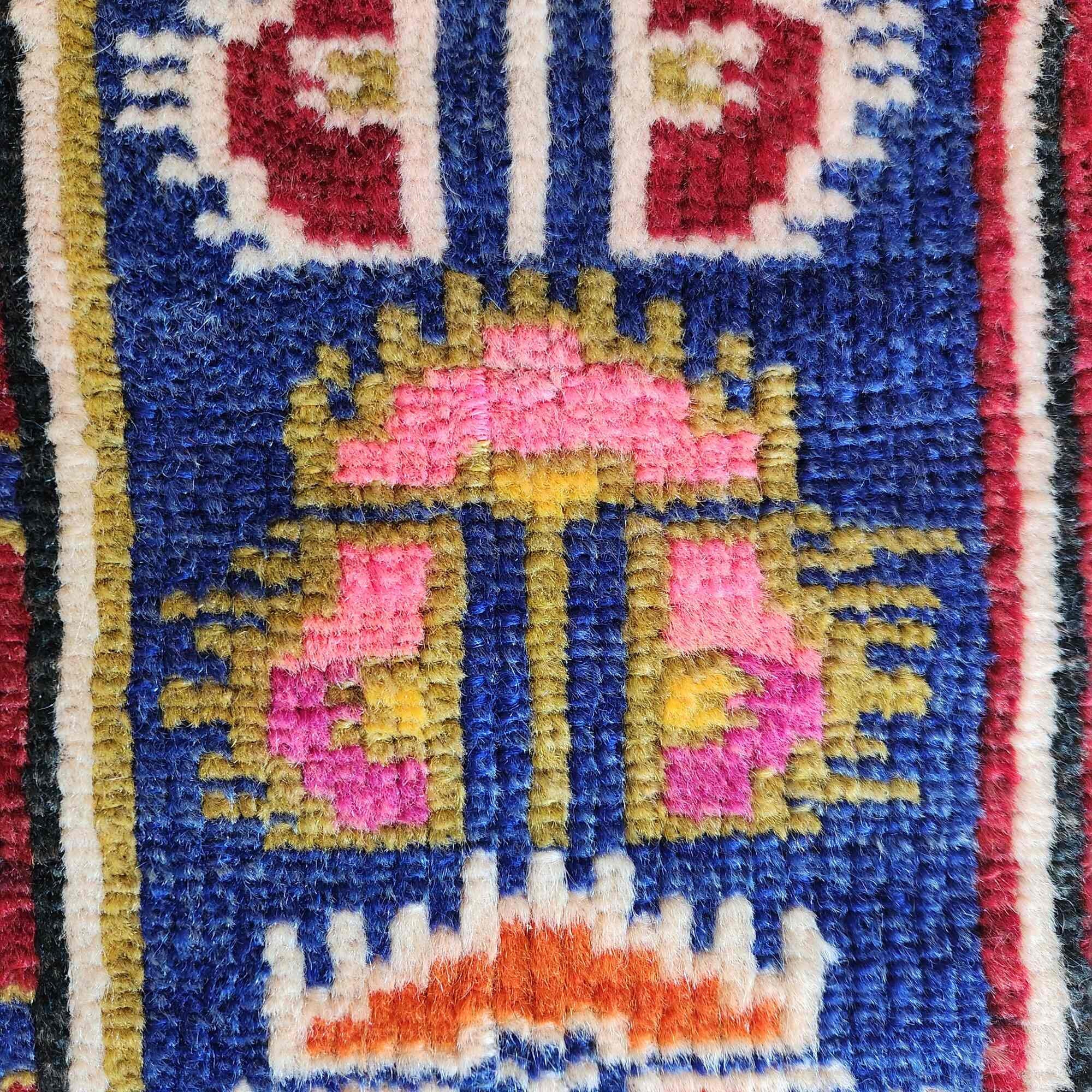 Hand-knotted Turkish Vintage Wool Rug | 2.3x4.3 Ft Blue Red
