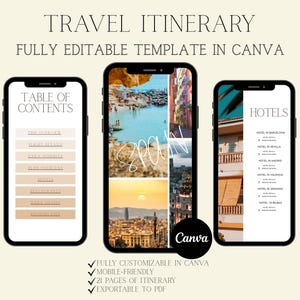 Spain Travel Itinerary Template: Mobile Planner, Editable in Canva (21-Page Digital Vacation Schedule)