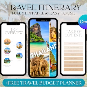 Travel Itinerary Template, Mobile Travel Planner, Digital Holiday Guide, Thailand Trip Organizer, Editable Traveling Agency Canva Template