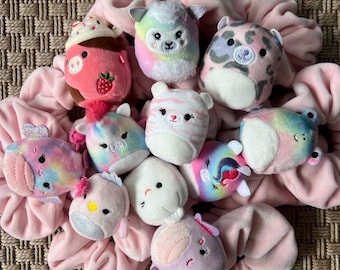 May include: A collection of colorful plush toys with various animal and cartoon characters. The toys are arranged in a circle and surrounded by pink scrunchies.