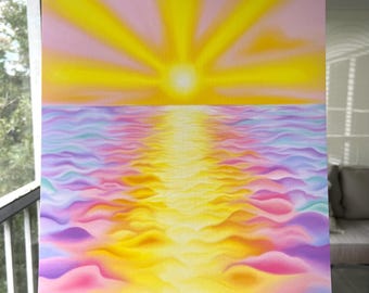 Hyperbeam, Sunset Painting, Sunrise Drawing, Rainbow Ocean Print, Wall Hanging Colorful Art, Trippy, Calming, Tranquil Artwork