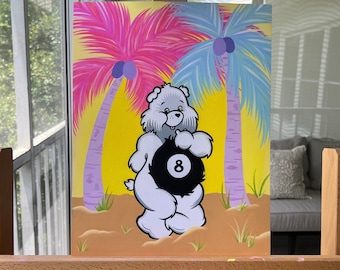 Miami Bear, Care Bear Painting, 8 Ball Care Bear, Carebear Fandom, Custom Care Bear Acrylic Painting, Miami Art, South Florida Art