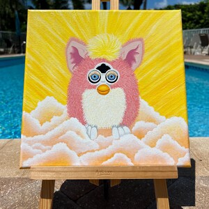 Peinture acrylique originale de Furby d'élévation, art de bébé de Furby, peinture de 1998 Peachy Furby, décor de Furbie