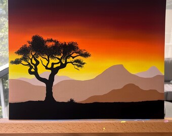 Alone, African Sunset Sunrise Silhouette Style Painting, Sunset Nature Print, Landscape Mountain Silhouette Print
