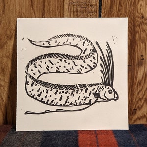 Original Linogravure Print Oarfish, Art du poisson fait à la main