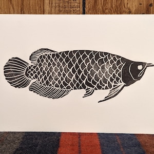 Original Linocut Print Arowana, Handmade Fish Art