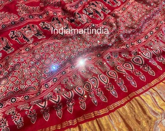 Gaji Silk Bandhej Saree with Mirror Work, Ajrakh, Gota Patti Hand Work