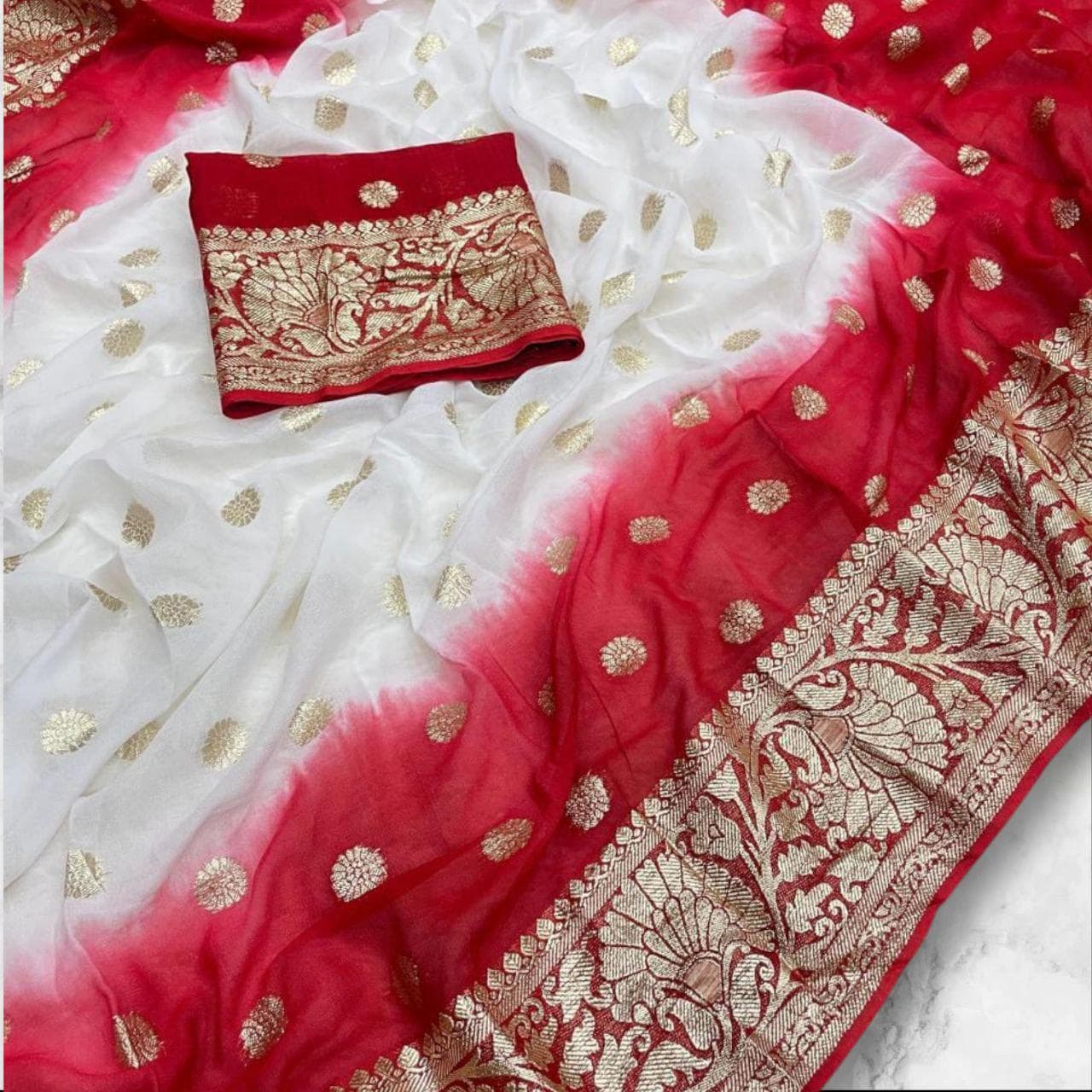 Viscose Georgette Saree: Zari Weaving, Contrast Border & Blouse
