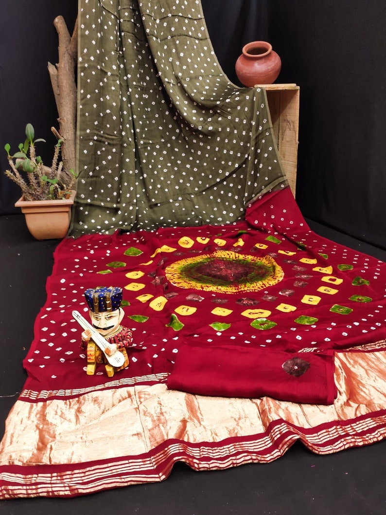 Women's Designer Party Wear Bandhej Printed Model Gajji Silk Lagdi Patta Saree