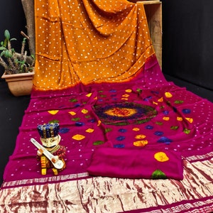 Premium Lagdi Patta Pure Gajji Silk Bandhani Saree/designer Bandhani