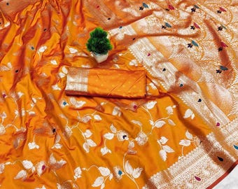 Sari de seda Banarasi: tejido Zari, diseño Meenakari - Ropa festiva y para bodas