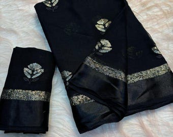 Viscose Georgette Saree: Sequence & Hart Embroidery, Running Blouse