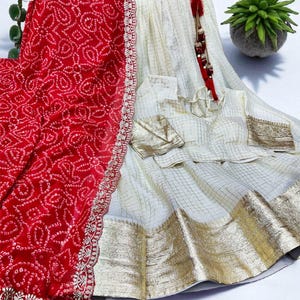 Viscose Silk Lehenga Choli Set: Golden Weaving & Bandhani Print Dupatta