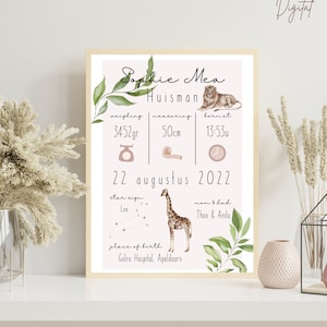 Impression numérique personnalisée | Imprimable | Affiche de naissance personnalisée avec animaux | Cadeau de maternité avec détails de naissance | Carte de naissance