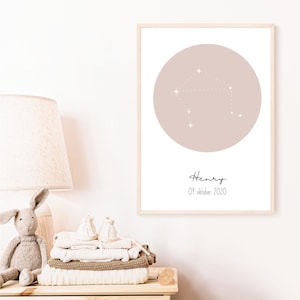 Impression numérique | Affiche de naissance imprimable | Cadeau personnalisé de baby shower avec signe du zodiaque | Pépinière de signes astrologiques | Imprimable