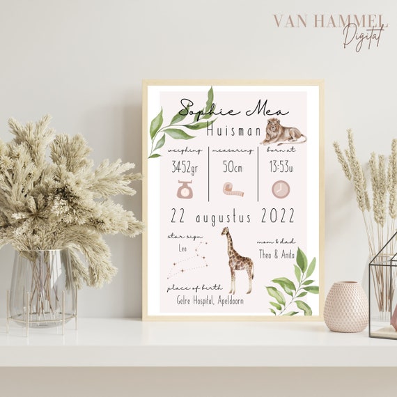 Custom Digital Print | Printable | Gepersonaliseerde Geboorte Poster Met Dieren | Kraamcadeau Met Geboortedetails | Geboorte Kaartje