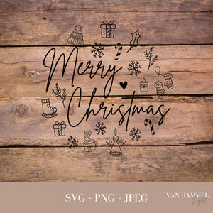 May include: A black and white illustration of the phrase "Merry Christmas" surrounded by various Christmas-themed icons, including a stocking, a candy cane, a snowflake, a gift, a candle, a mitten, a hat, a boot, a mug, and an angel. The illustration is on a woodgrain background.