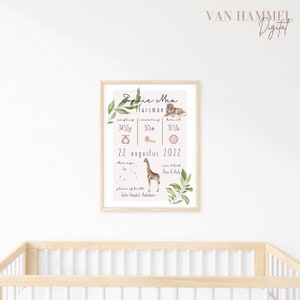 May include: A pink and white baby announcement poster with a giraffe and lion illustration. The poster includes the baby's name, Sophie Mea Huisman, birth date, weight, length, and time of birth. The poster also includes the baby's star sign, Leo, and place of birth, Gelre Hospital, Apeldoorn.