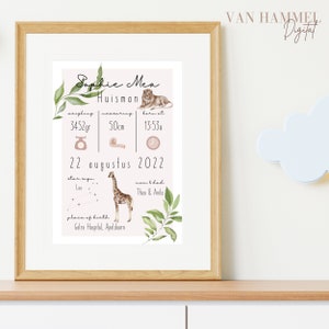 May include: A pink and brown illustrated birth announcement for Sophie Mea Huisman, born on August 22, 2022, at 1:53 PM, weighing 3452 grams and measuring 50 centimeters. The announcement features a giraffe and a lion, along with a star sign for Leo and the text "Mom & Dad Theo & Anita" and "Gelre Hospital, Apeldoorn".