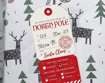 May include: Red and white gift tag with a North Pole theme. The tag has a red circle with a white dot in the center, and the text "SPECIAL DELIVERY FROM NORTH POLE". The tag also has a section for the recipient's name, the date, and the sender's name. The text "Tessa B." and "Santa Claus" are filled in. The tag also has a section for delivery instructions, with checkboxes for "Naughty" and "Nice", and checkboxes for "Chimney", "Window", "Front Door", and "Garage".