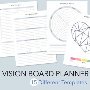 May include: A set of printable vision board planner templates. The templates include a bucket list, visualization, wellness wheel, and mood tracker. The mood tracker is a heart shape with a color scale from good to bad.